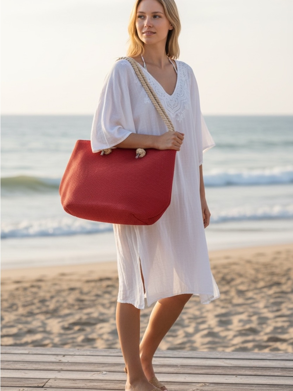 Red Rope-Handle Tote‎ Bag for Women